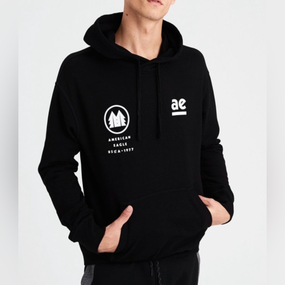 American Eagle Outfitters Black Hoodie with White Logo Graphic